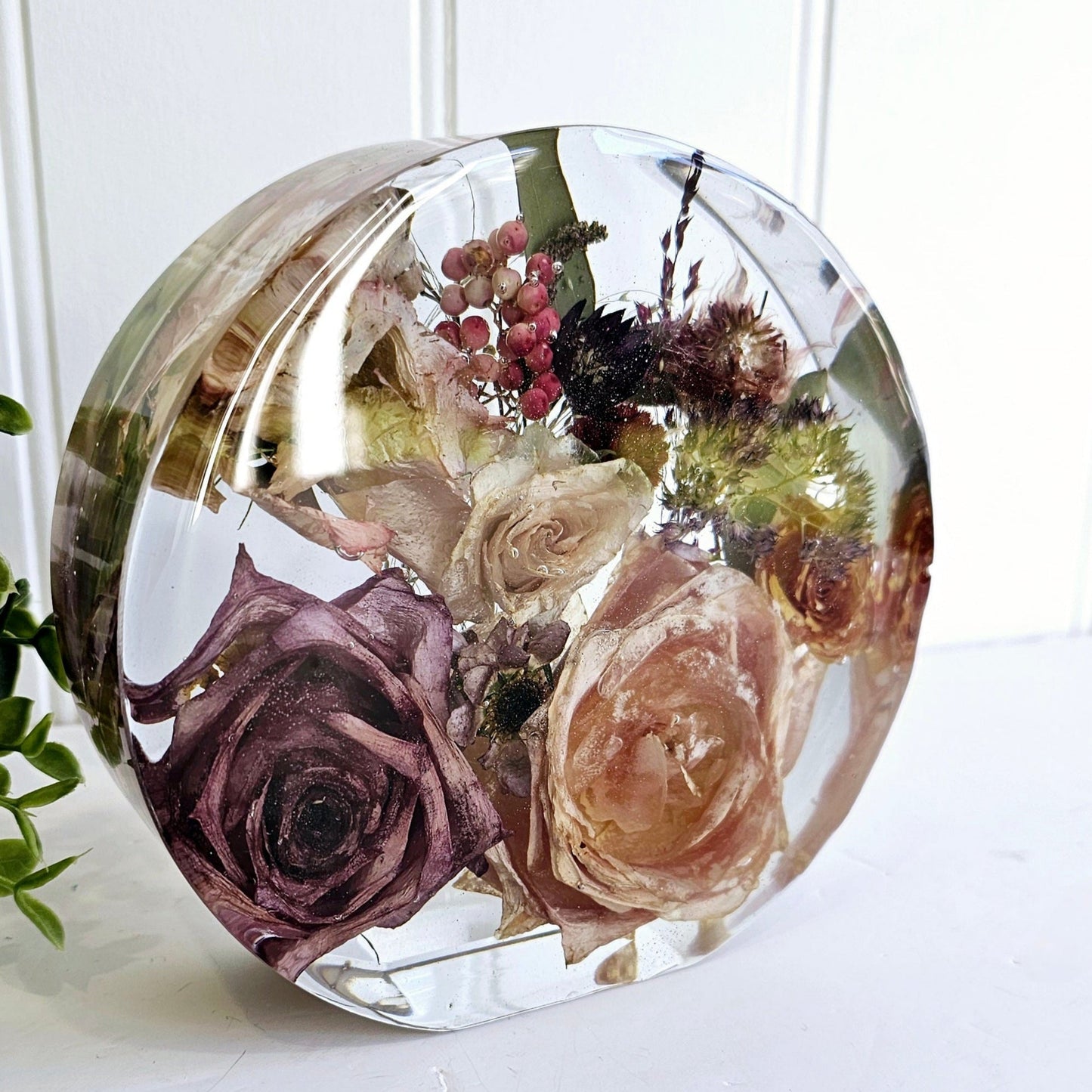 Preserved wedding flowers in large round clear resin block, Forever Bloom Standing Circle keepsake