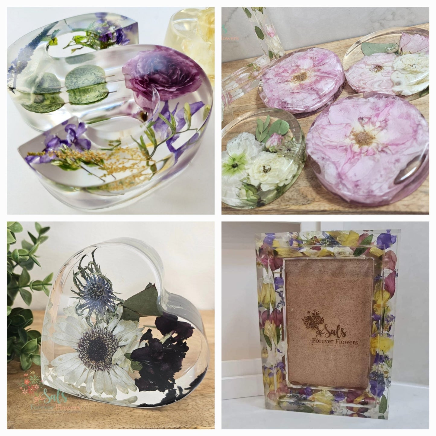 Collage of pressed flower art pieces including a heart-shaped container, a round container, and a frame.