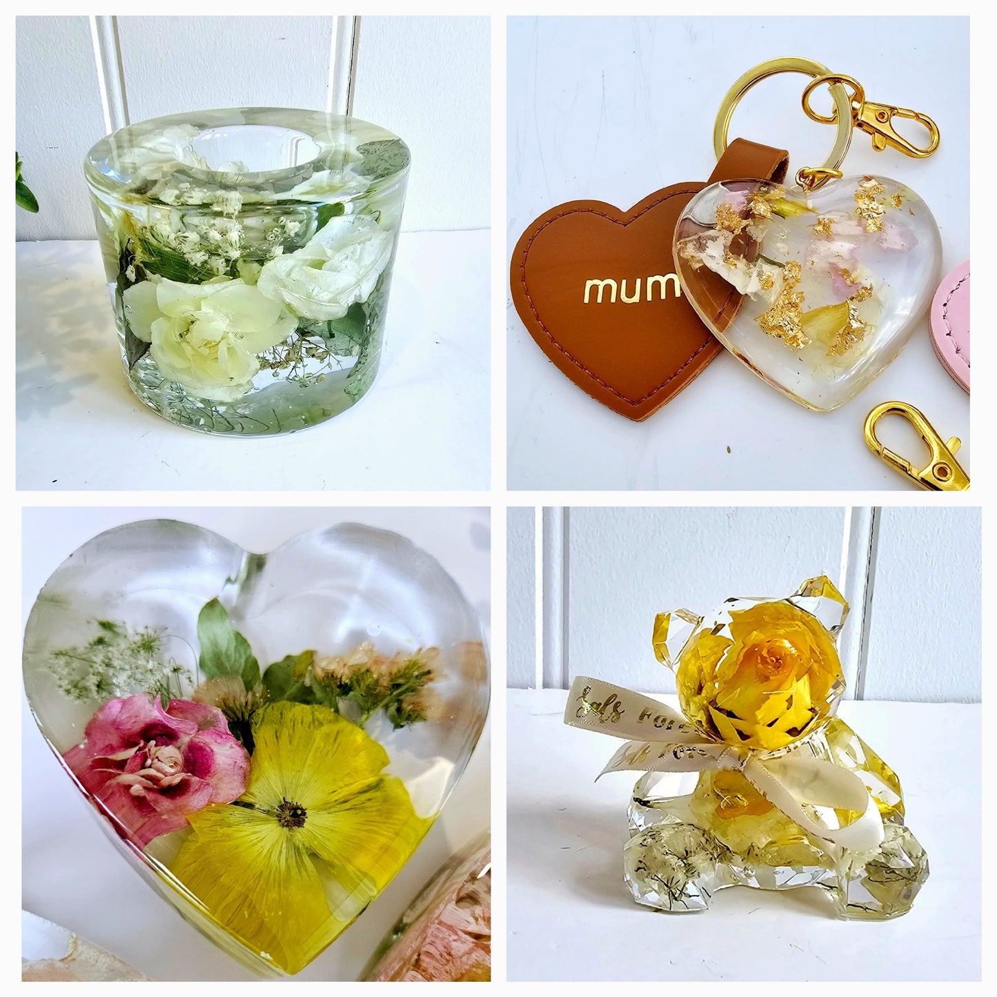 Collage of floral heart-shaped items including a glass with flowers, keychains, and a small plant in a clear container.