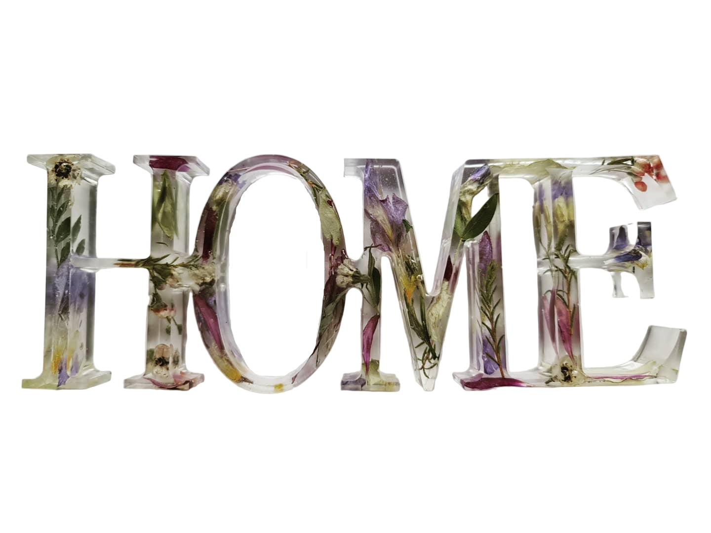 Decorative word 'HOME' made of floral elements on a white background