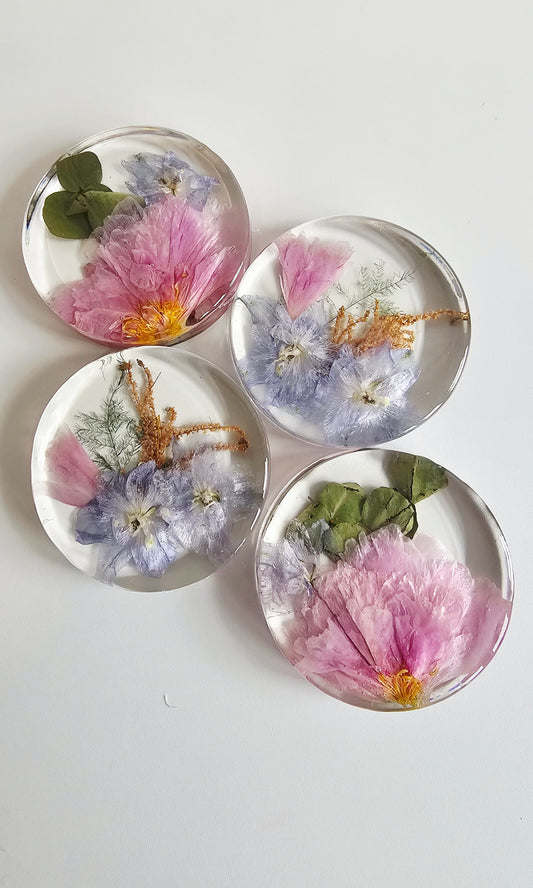 Set of four round pressed flower coasters on a white background