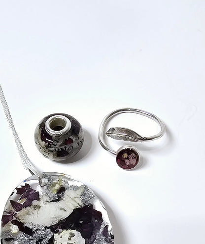 Personalised Real Flower Keepsake Ring – Adjustable Sterling Silver Leaf