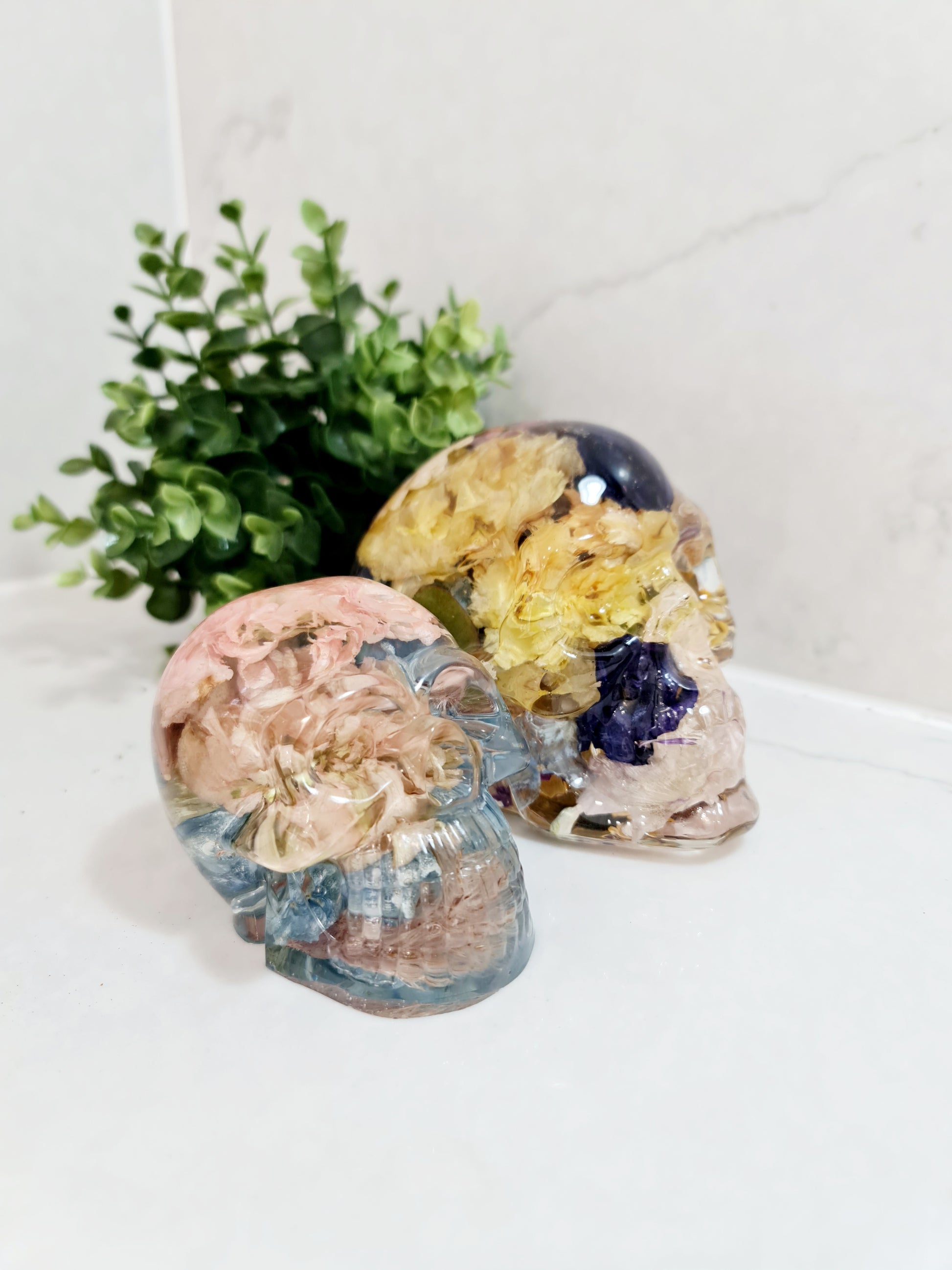 2 wedding flower preservation resin skulls full of colourful flowers 