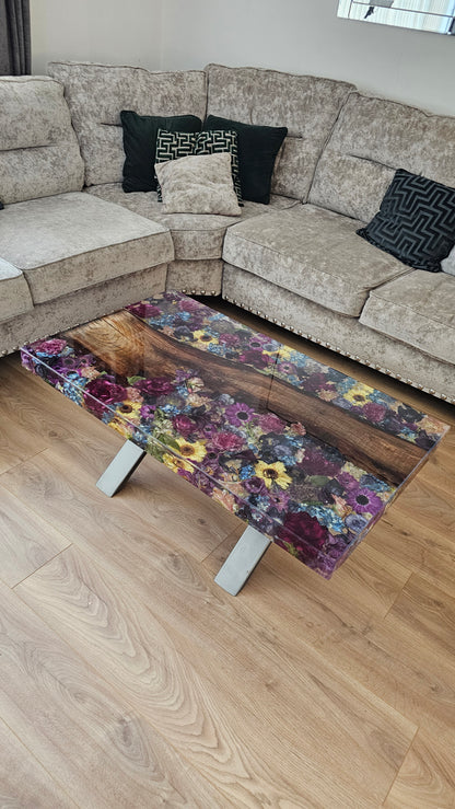 Resin flower preservation coffee tablw with wood inclusion running through the middle 