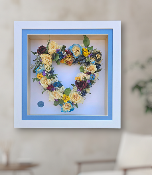 Memorial heart wreath preserved and framed in a shadow box frame 