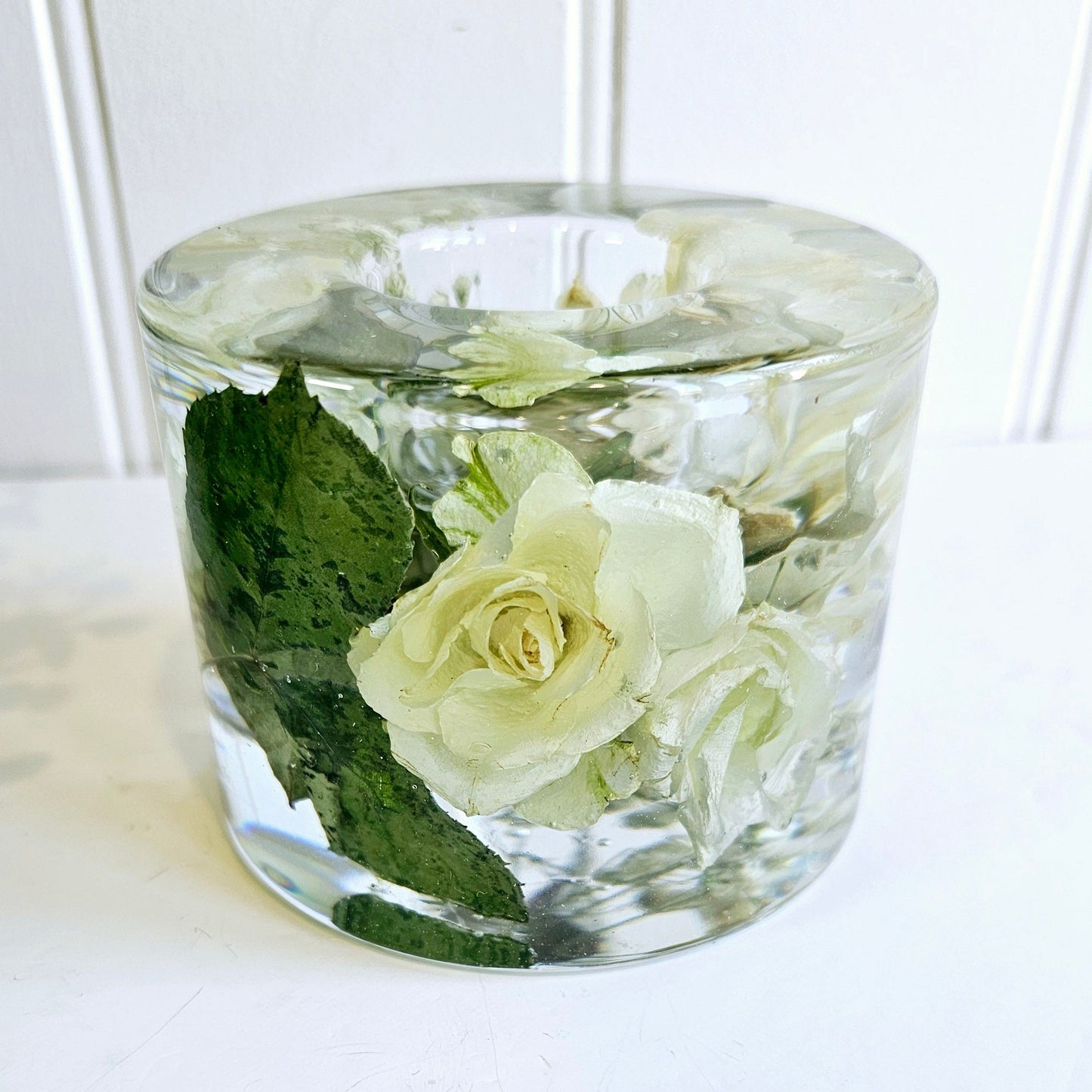 resin cylinder flower preservation tealight holder with white rose and green foliage