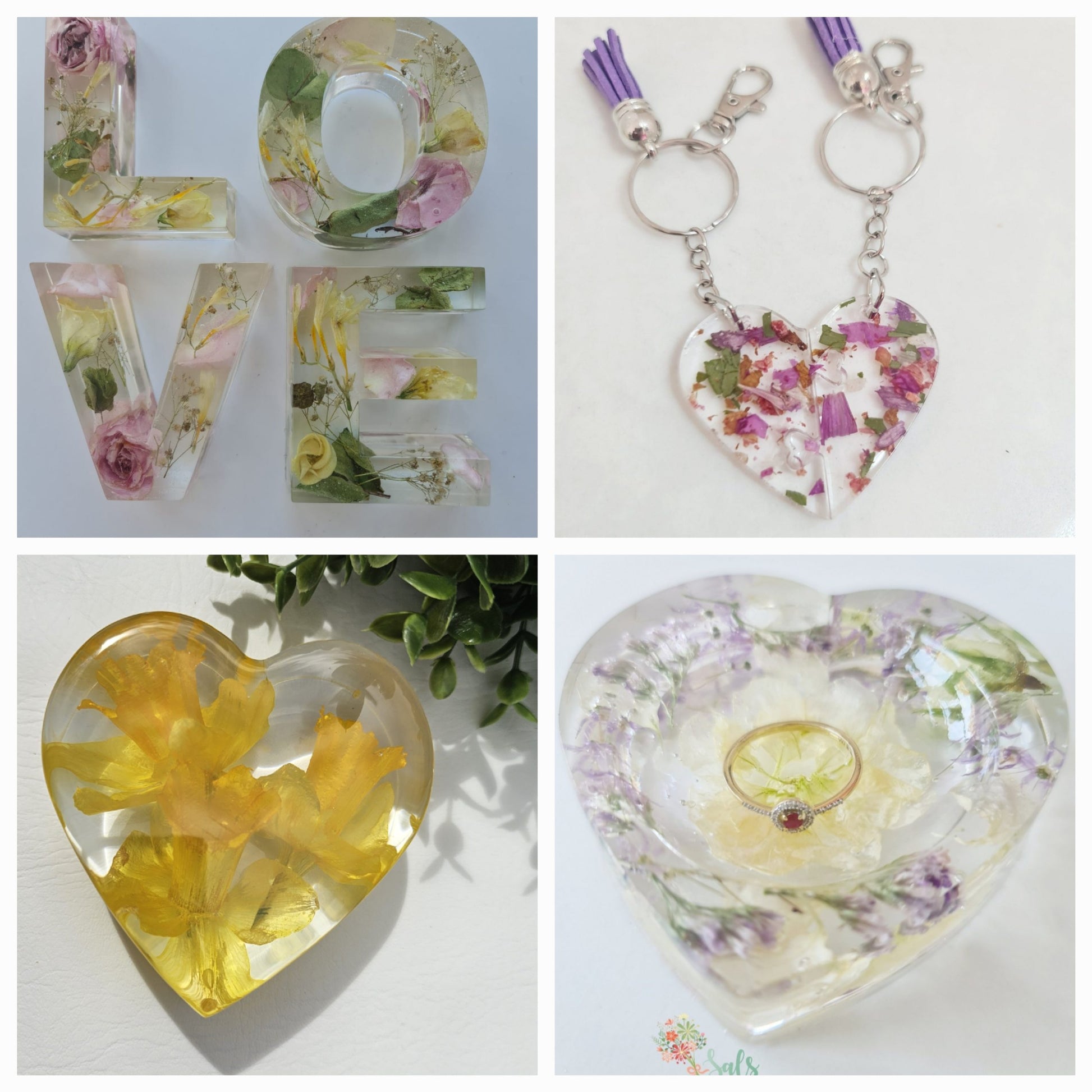 Collage of floral resin products including letters, keychain, and heart-shaped items.