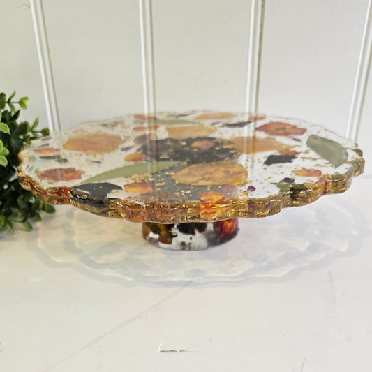 resin cake stand made with a wedding bouquet preserved 