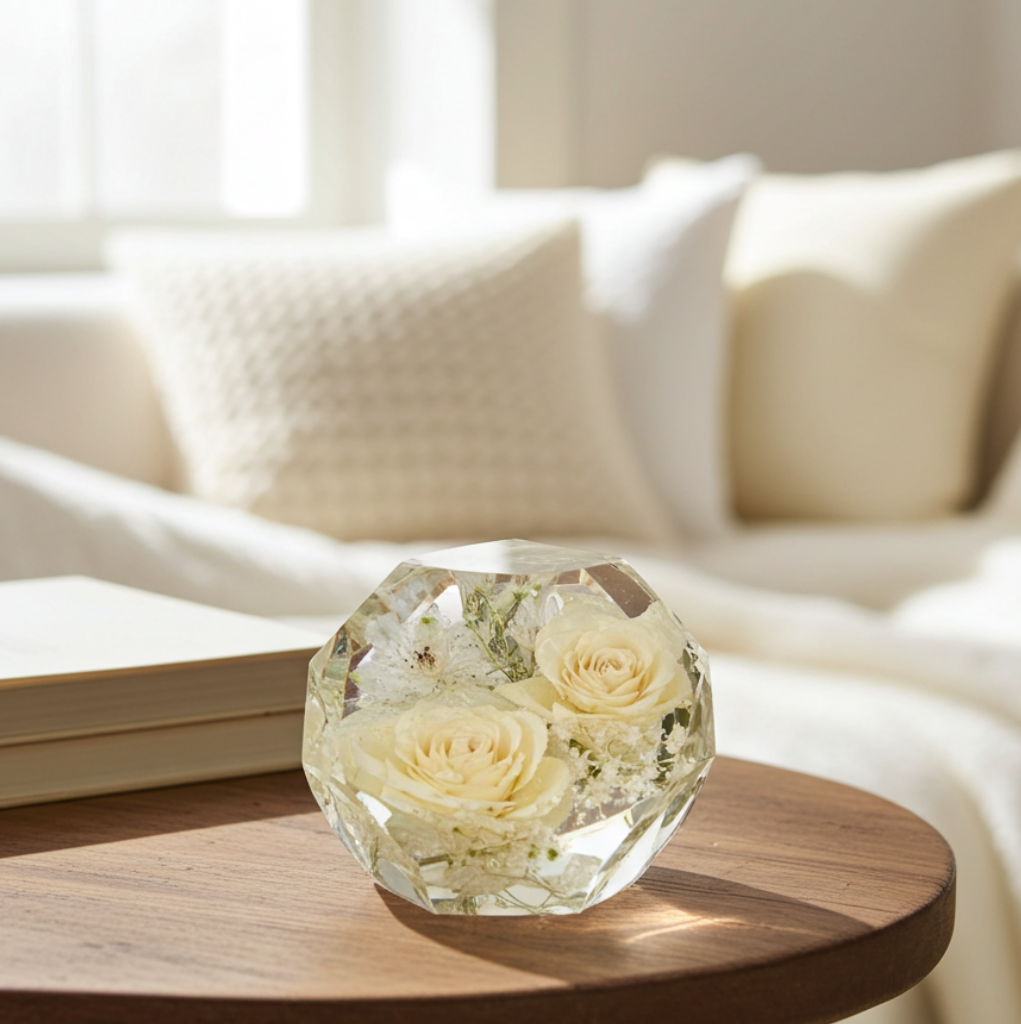 Resin flower preservation paperweight with preserved white roses, styled on a wooden table in a neutral home interior.