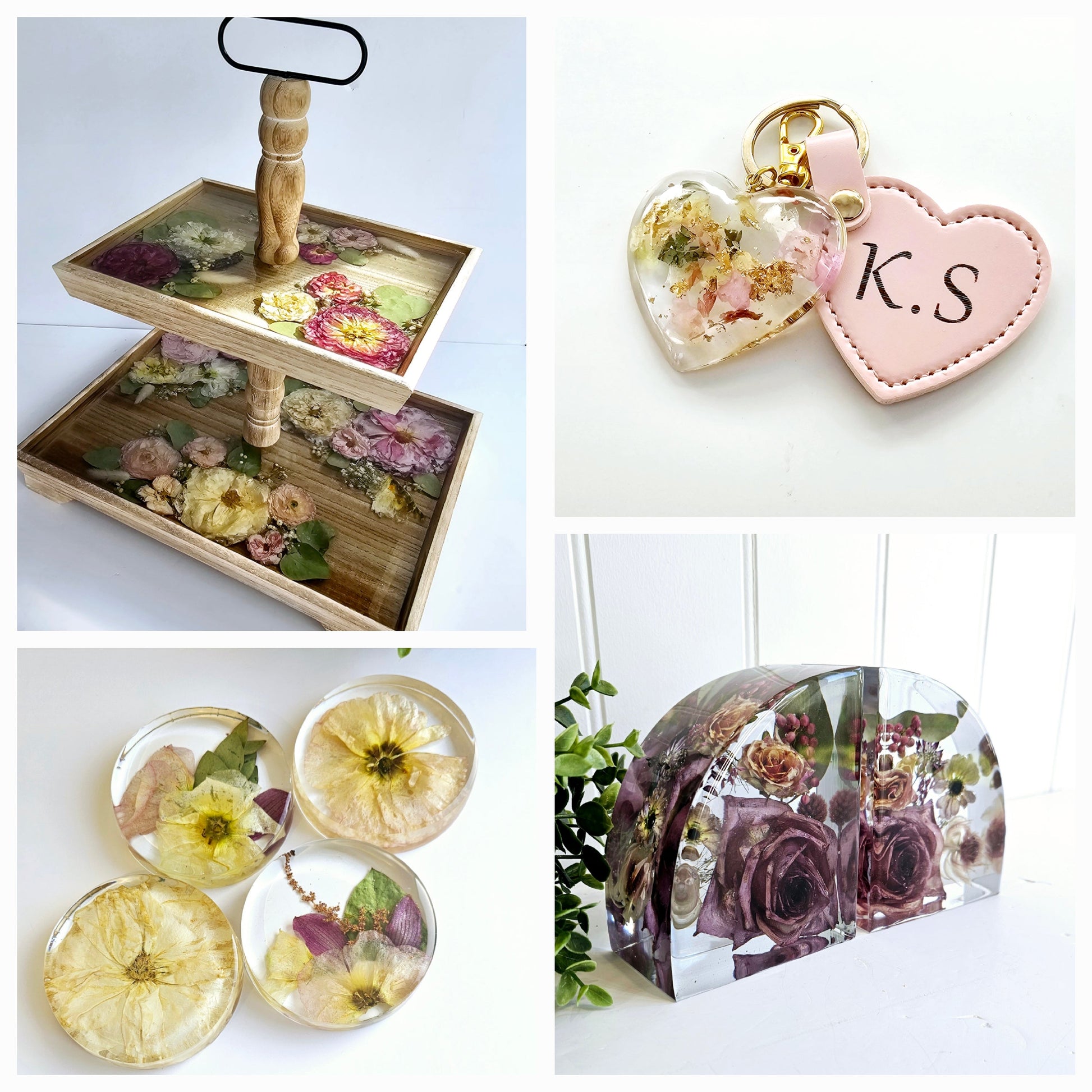 Collage of various decorative items including a wooden tray with pressed flowers, a heart-shaped keychain with floral design, and transparent containers with preserved flowers.