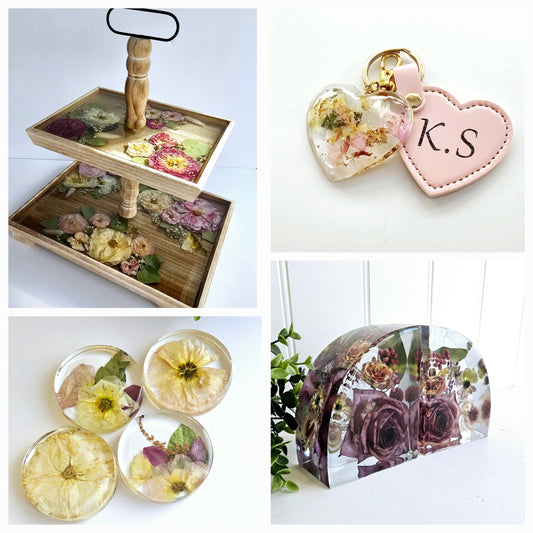 Collage of various decorative items including a wooden tray with pressed flowers, a heart-shaped keychain with floral design, and transparent containers with preserved flowers.