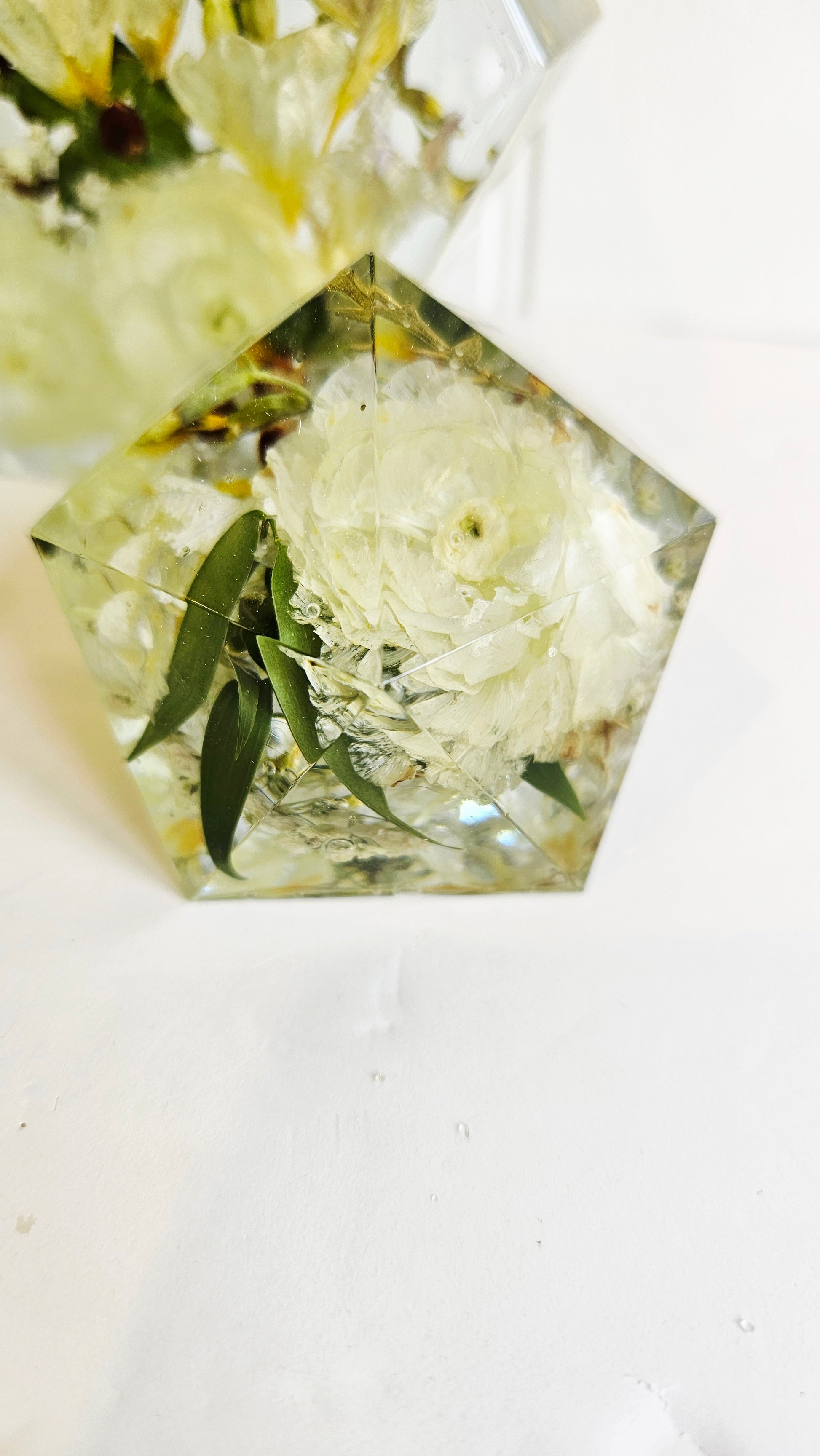 Hexagonal clear resin container with preserved flowers on a white background