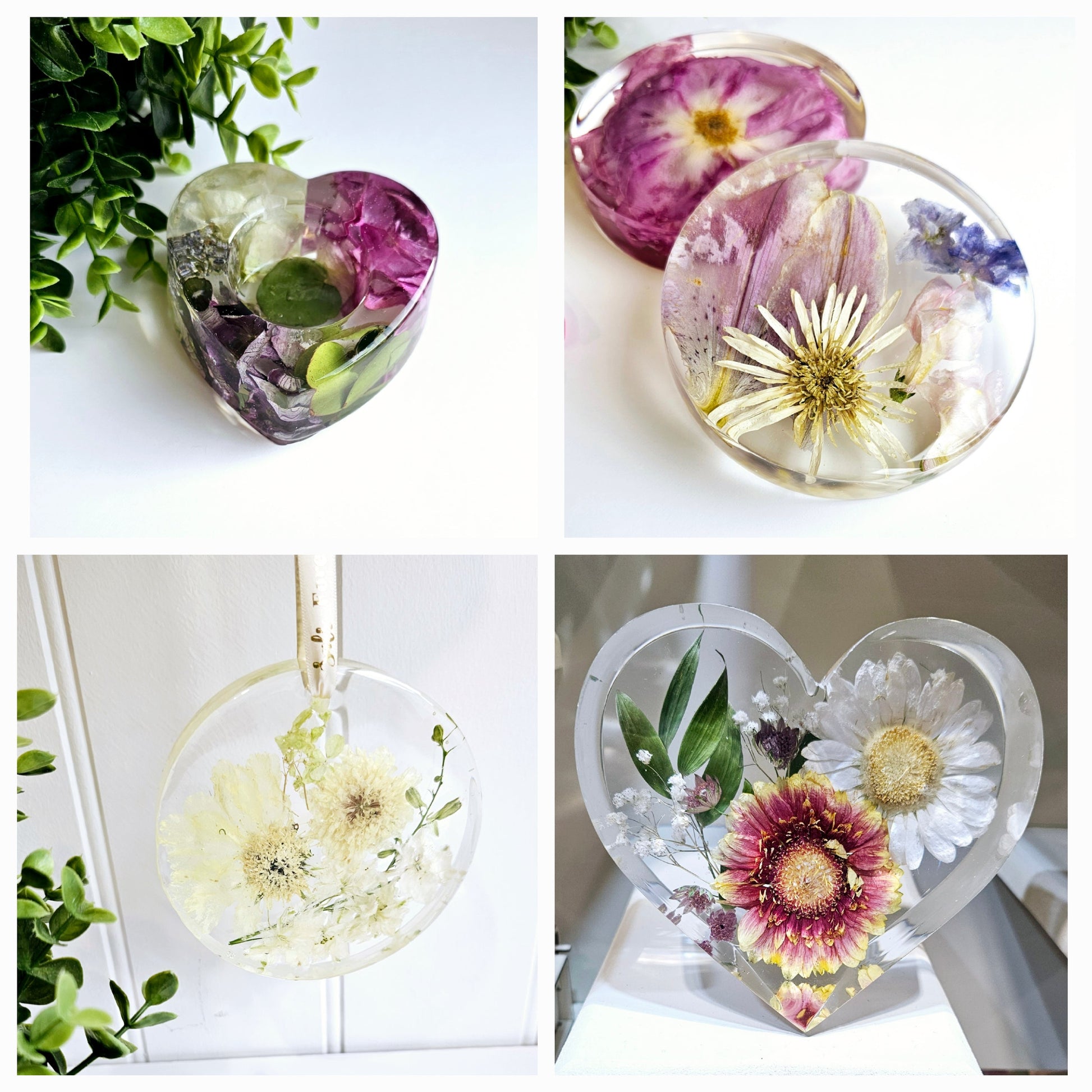 Heart-shaped resin crafts with pressed flowers on a white background