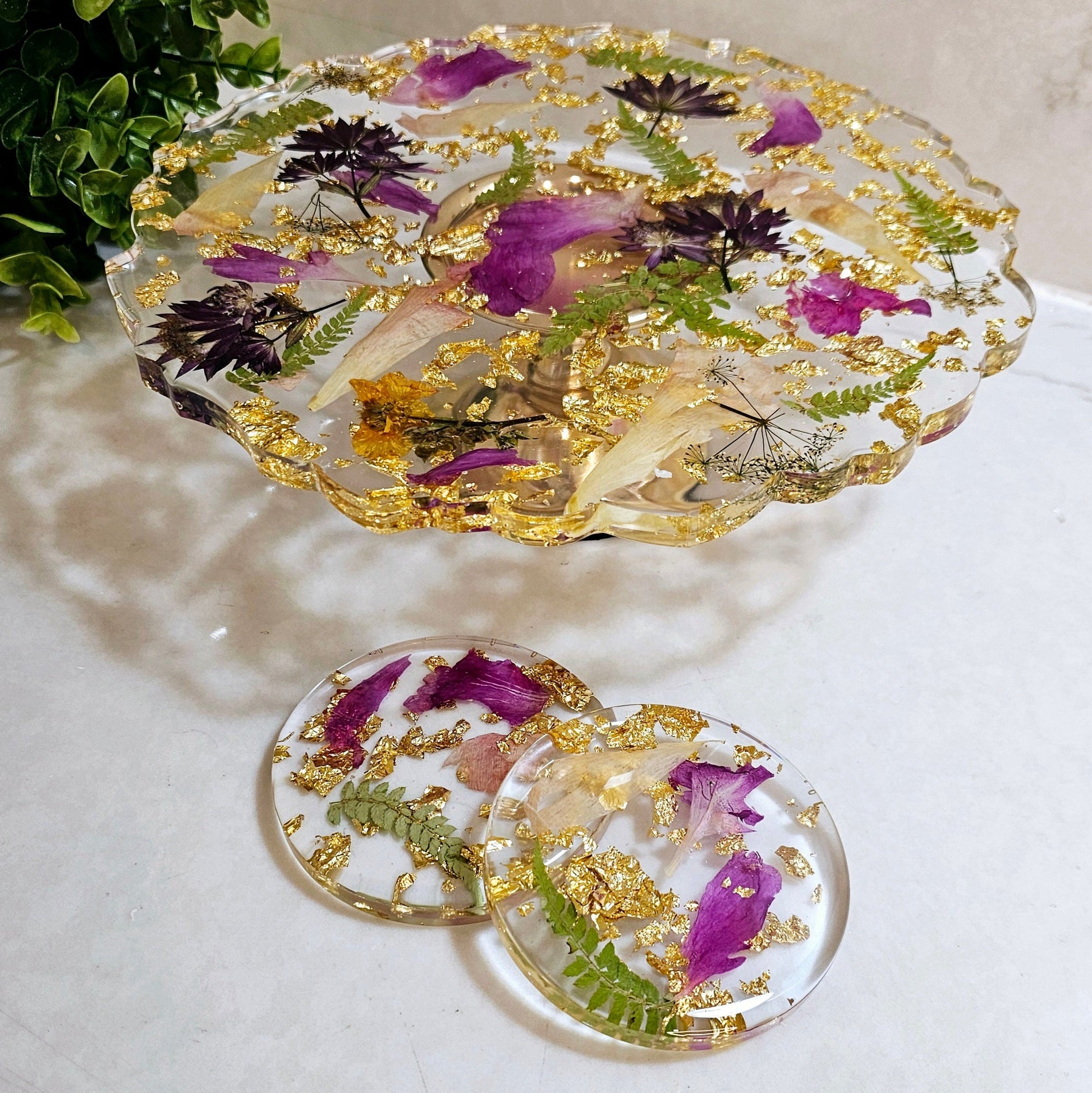 flower preservation resin cake stand and coaster set 