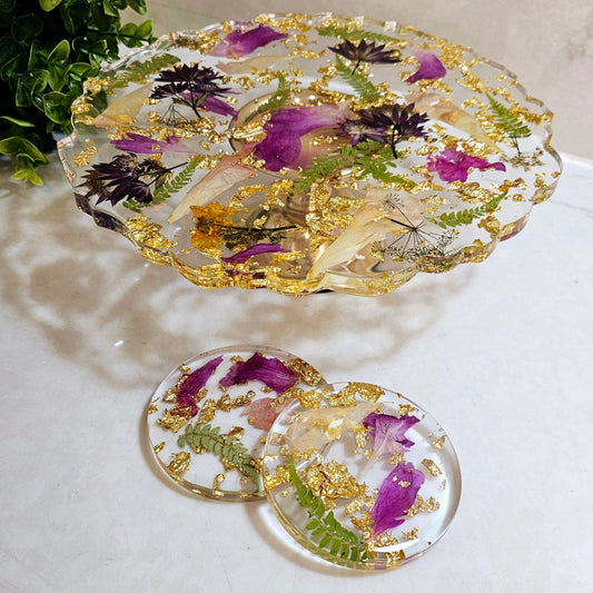 flower preservation resin cake stand and coaster set 