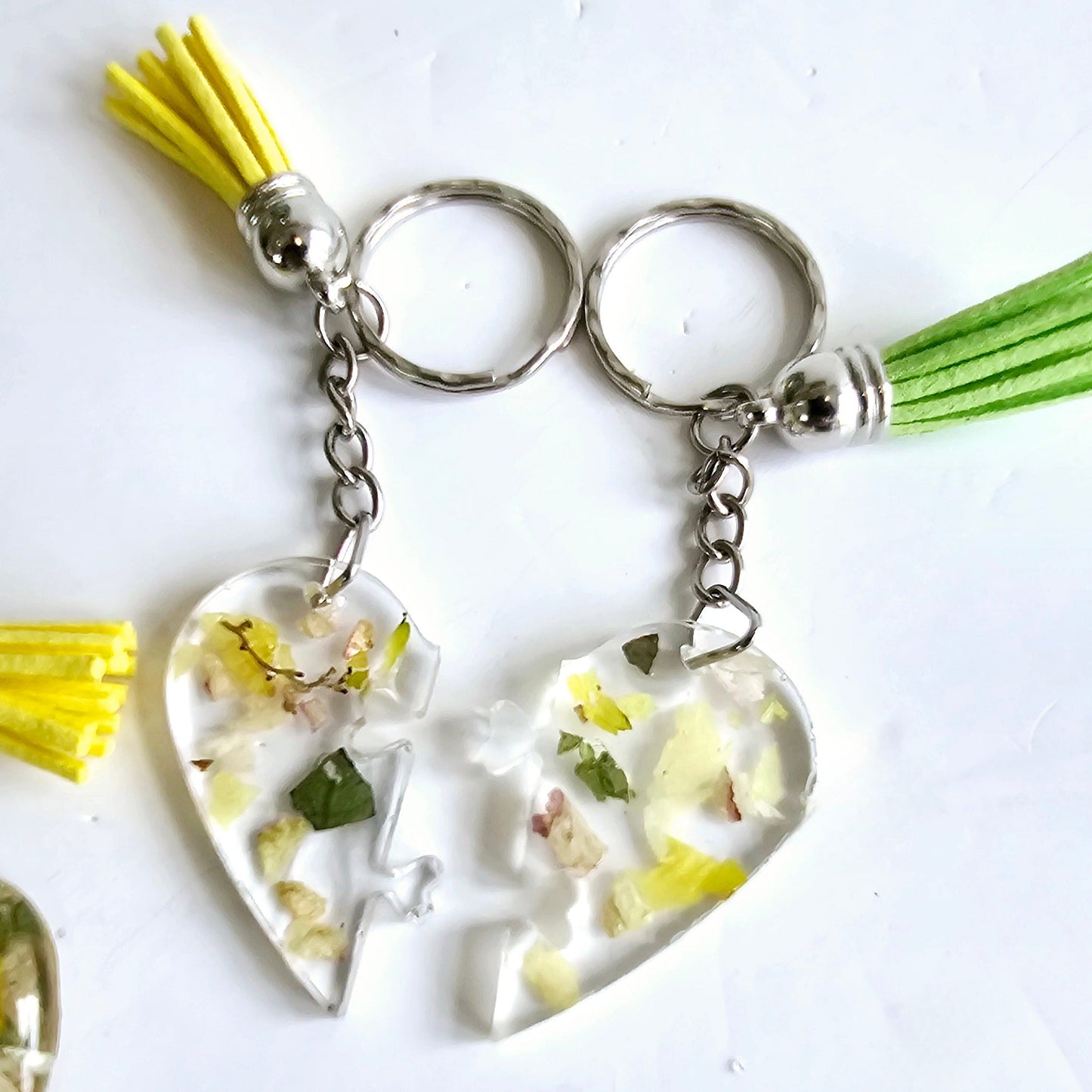 wedding bouquet petals preserved in a split heart key ring 