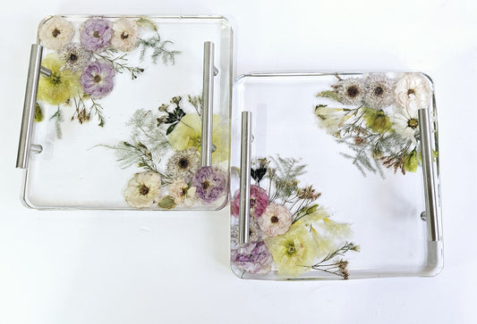 2 square resin funeral flower preservation trays on a white background 