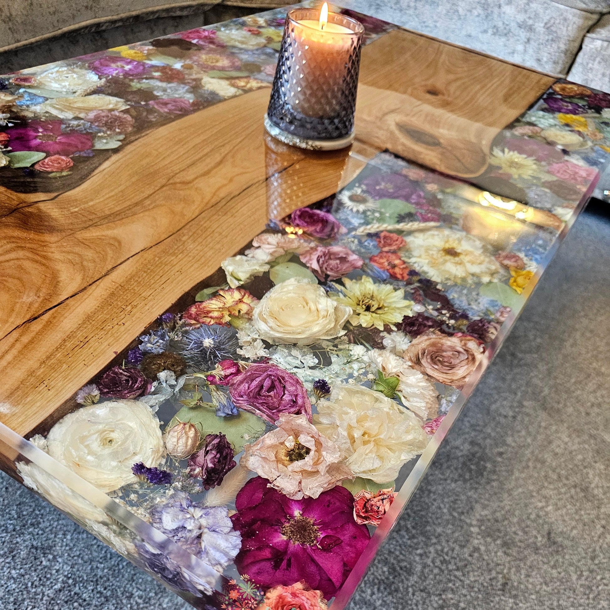 flower preserved in resin in the form of a coffee table