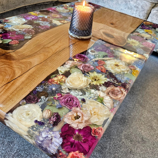 flower preserved in resin in the form of a coffee table