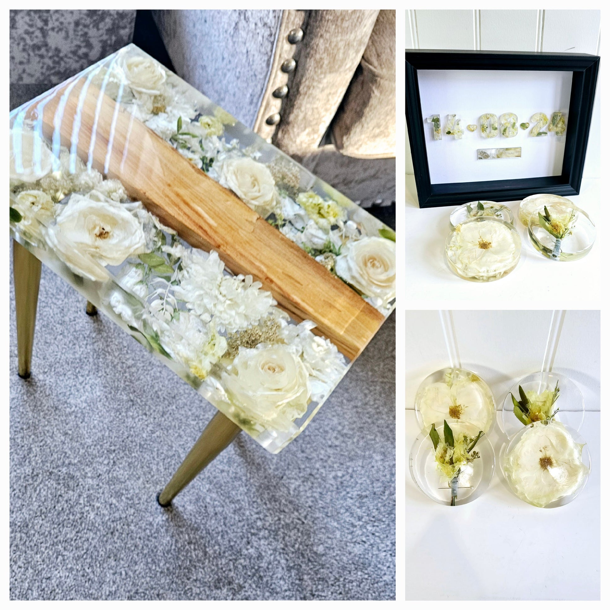Collage of a clear resin table with wooden top featuring pressed flowers, small glass bowls with flowers, and a framed date.