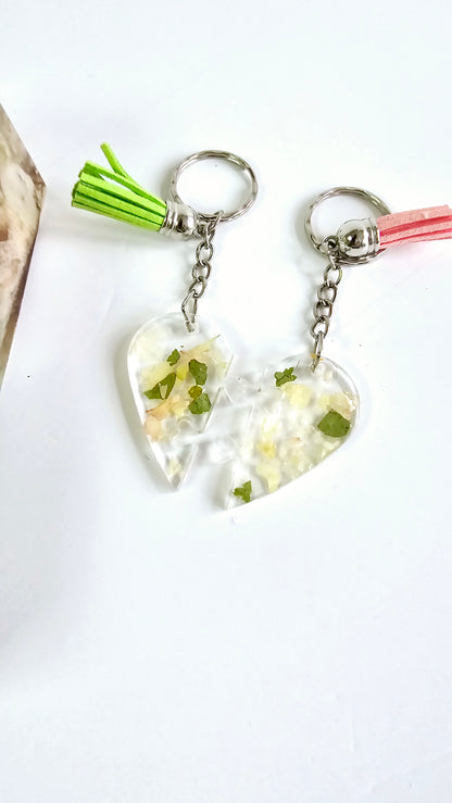 Heart-shaped keychain with floral design on a white background