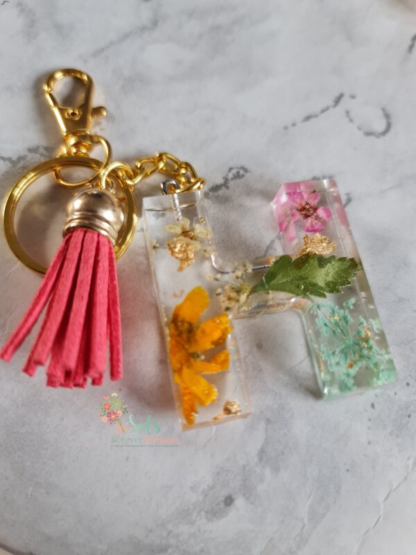 Initial Keyrings with real flowers and Gold Leaf flake